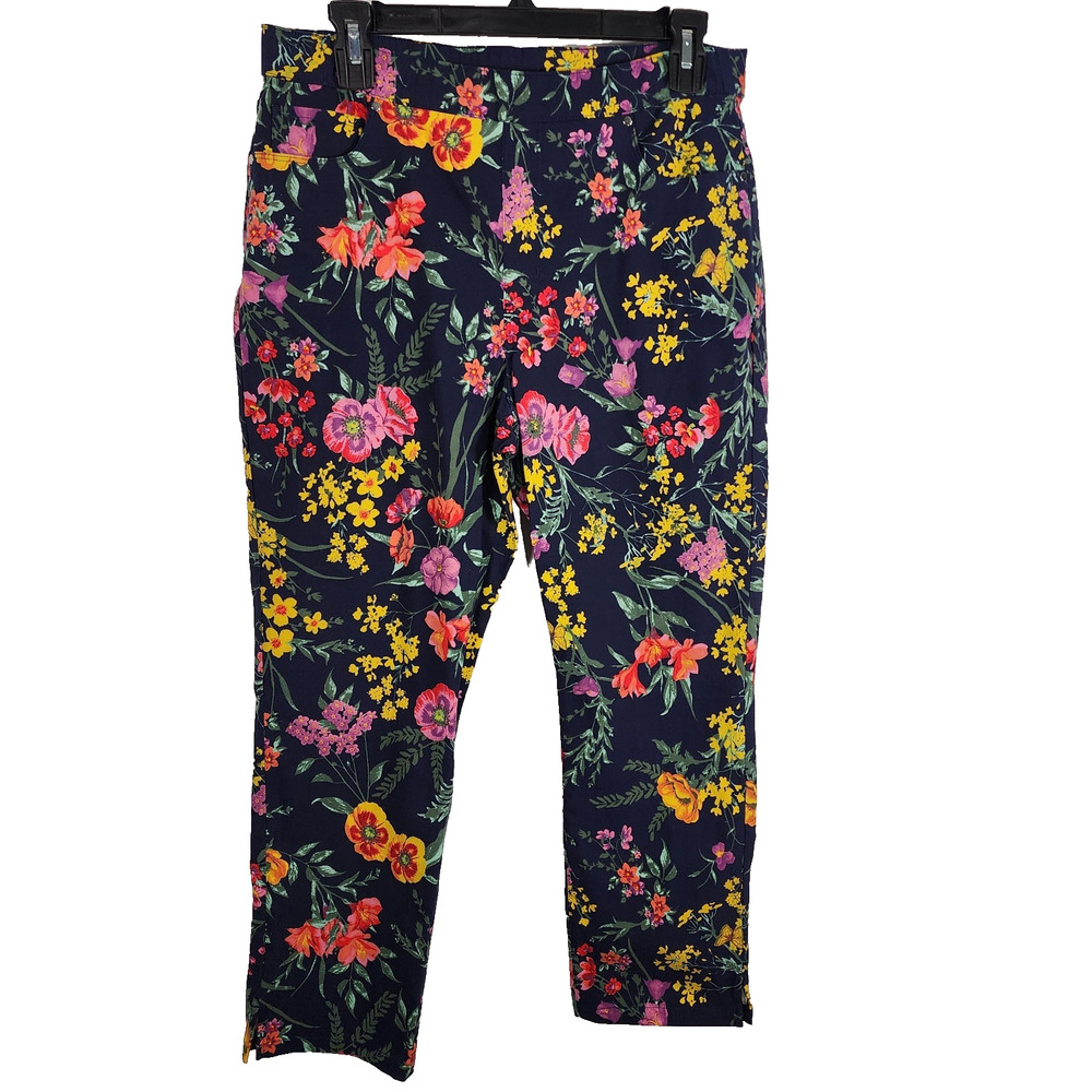 Susan Graver Womens Printed Uptown Stretch Pull On Crop Pants US 10 Blue Floral
